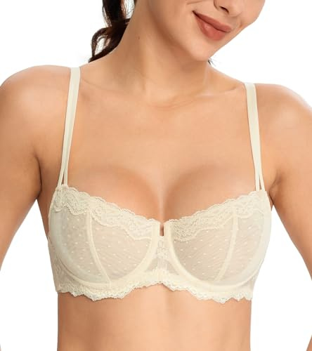 DotVol Reggiseno Balcony Pizzo Donna Push Up Biancheria Intima Non Imbottita Convertibile Multiway Bra Grandi Taglie Beige 3D