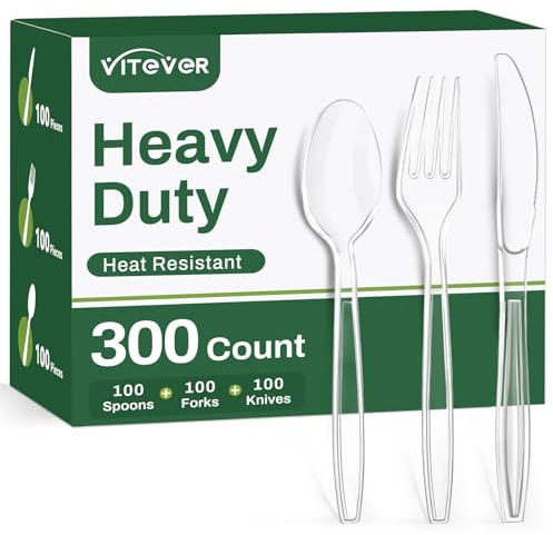 300 Count Heavy Duty Clear Plastic Silverware, Disposable Plastic Utensils Set, 100 Forks, 100 Spoons, 100 Knives, BPA-Free Heat Resistant Durable Plastic Cutlery Set for Party