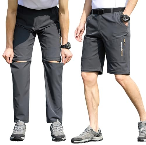 aromm Hombre Pantalones de Senderismo al Aire Libre Cremallera Convertible Respirable Pantalones Cortos para Caminar Gris con Bolsillos, L