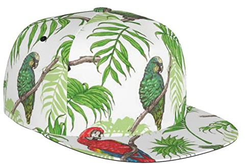 Casquette de baseball imprimée à bord plat unisexe casquette snapback tendance casquette de camionneur réglable chapeau à bord plat chapeau pop rock (léopard mignon), Oiseaux perroquets et arbre
