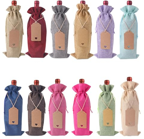 qimeyu Jute Weinbeutel,Sackleinen Weinbeutel,Jutesack Weinbeutel,12 Stück Bunte Wiederverwendbare Weintüten mit Kordelzug für Wein Geschenktüten flaschentüten Bankettbeutel.