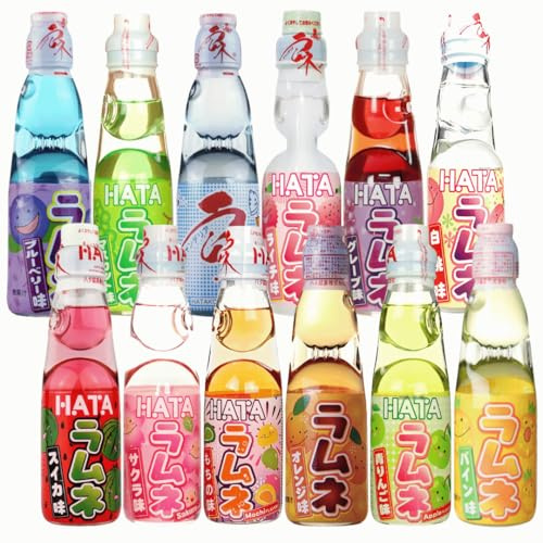 Hatakosen Ramune Soda Japanese Soft Drinks 7 Assorted Flavours Bottles Set 200ml (Pack of 7)