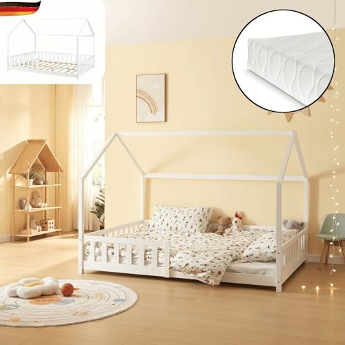 DELUKE® Kinderbett 140x200 OKLA - mit Matratze, Lattenrost, Rausfallschutz | Haus-Optik| Einzelbett aus Holz Hausbett Kinderzimmer Montessori Bett Weiß