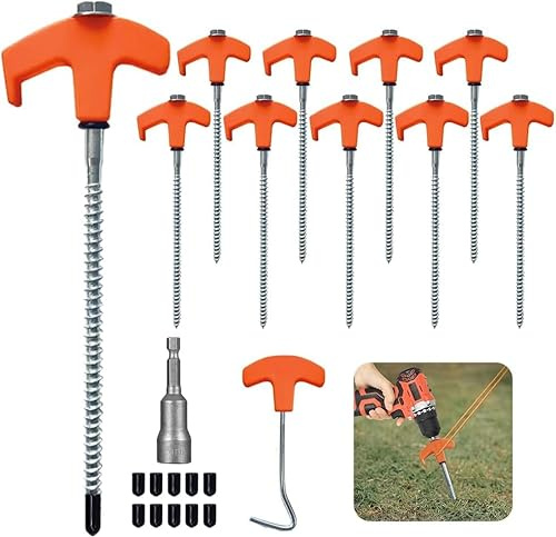 Grillix 10x Zeltheringe Sturmsicher, robuste Stahl-Heringe mit Gewinde und Seil-Halterung, Schraub Heringe Camping, Schraubheringe Vorzelt,Zelthaken für harten Boden und Holz orange