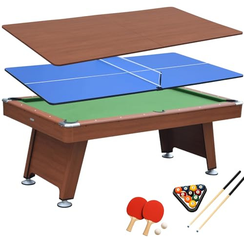 DEVESSPORT Table de billard et ping-pong convertible 3 en 1 | Table multi-jeux avec couvercle pour salle à manger, accessoires inclus, design moderne en bois de chêne