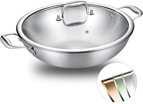 DELARLOCHEF Sartenes para servir de 32 cm, asador con tapa, sartén de acero inoxidable, con dos asas de tres capas, suministro de calor uniforme, 20% de ahorro de energía, apto para horno hasta 315 °C