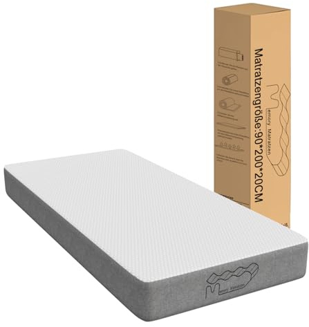 Memory Matratzen Madrass 90 x 200 cm, kallskummadrass, 20 cm höjd, hårdhet H3, madrass med 7 komfortzoner för enkelsäng, lämplig för sovrum hemma och bostäder