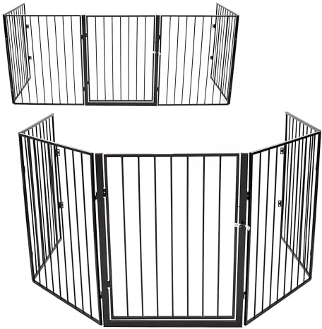 KRUMAD Kaminschutzgitter Baby 300 cm – Ofenschutzgitter für Kinder & Haustiere – Flexibles Kinderschutzgitter aus Metall mit Tür, Klappbar & Stabil – Absperrgitter für Kamin, Ofen & Treppe