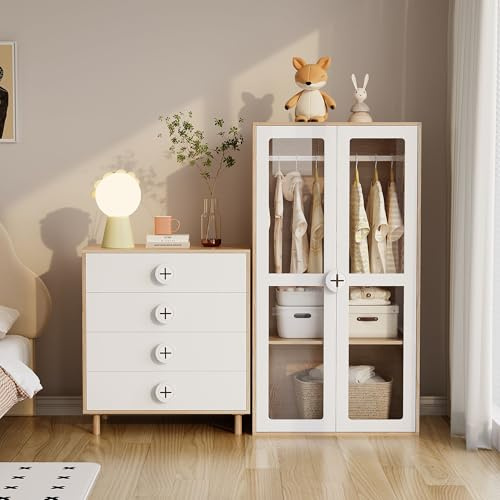 SACOOL Mesita de noche, cómoda, cómoda de dormitorio y armario de almacenamiento infantil, con 4 cajones, armario de almacenamiento con soportes, paneles lacados + aglomerado, blanco, 80 x 54 x 90 cm