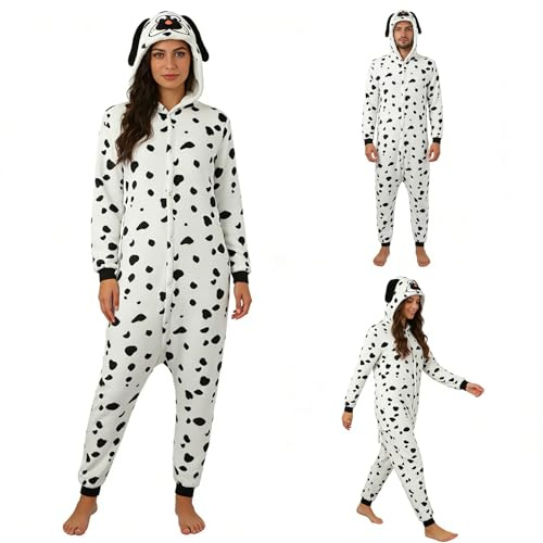 Costume Dalmata Onesie per Adulti, Tuta con Cappuccio,Costume da Animale, Pigiama per Uomo e Donna, Abiti di Coppia，Pigiama Genitore-Figlio Costumi per Carnevale, Feste (A01-White, M)