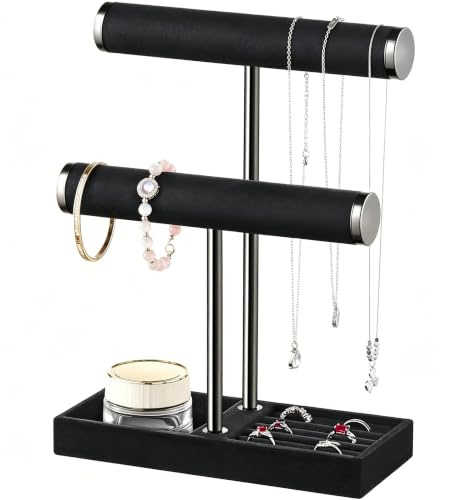 Xnqelerate Schmuckständer mit 2 Ebenen, Schmuckaufbewahrung, Abnehmbarer T-Steg Schmuck Ständer, Schmuck Organizer, Jewelry Organizer für Armband, Uhren, Ringe, Halskette (Schwarz)