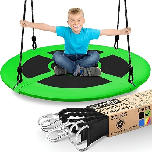 SereneLife Tree Swing Seat, Large Round Saucer Kids Swings, Adults and Kids Nest Swing, Durable Frame, 270kg Capacity, Indoor Outdoor Hanging Rope Swinging Seat for Backyard, Garden and More – Green