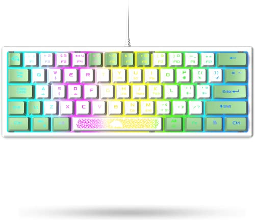 LexonElec K61 Pro 60% Blanco y Verde Colorido Mini Teclado Gaming Pequeño Mecanico Sentir Compact Cute QWERTY RGB LED Iluminar Ergonómico Accesorios para Gaming Office PC Laptop Mac MInicraft
