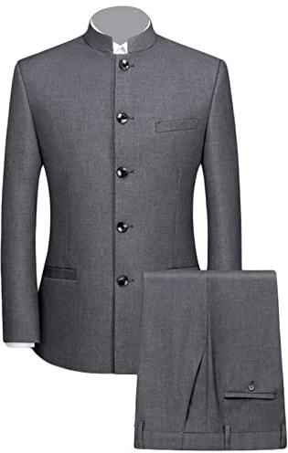 Maiyifu-GJ Men 2 Pieces Chinese Tunic Suit Mandarin Collar Blazer Set Button Jacket Pant Set Traditional Uniform Groom Dress, Dark Grey, XL