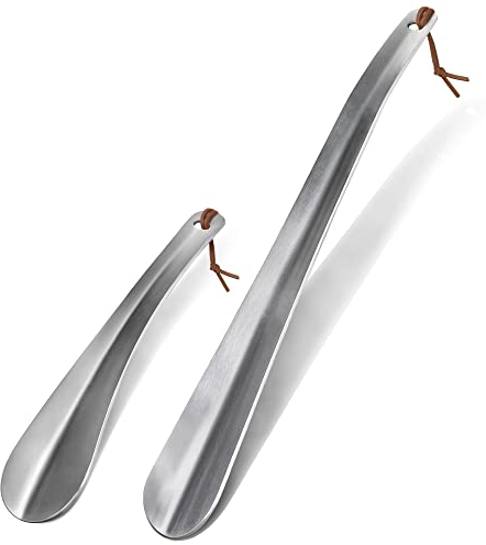 ZOMAKE Calzascarpe Metallo Corto,Acciaio Inossidabile Lungo Shoe Horn 30cm - Argento Corto Calzante 18.5cm con Corda Facile da Usare(Argento 2 Pezzi)