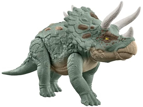 Mattel Jurassic World Gigantic Trackers Triceratops Dinosaurier-Actionfigur, große Spezies, Kopfstoßangriff, weiterentwickelte Horn-Funktion, Digitales Spiel HTK79