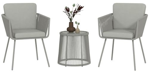 Outsunny Ensemble Salon de Jardin 3 pièces Style Colonial 2 fauteuils avec Coussins Gris + Table Basse résine Filaire Acier époxy Gris
