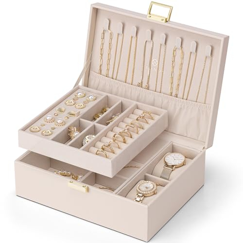 Vlando Boîte à bijoux pour femme et fille - 2 niveaux - En cuir synthétique - Organiseur de bijoux pour femme - Boîte à bijoux - Rangement de montres - Pour bagues, boucles d'oreilles, colliers - Rose