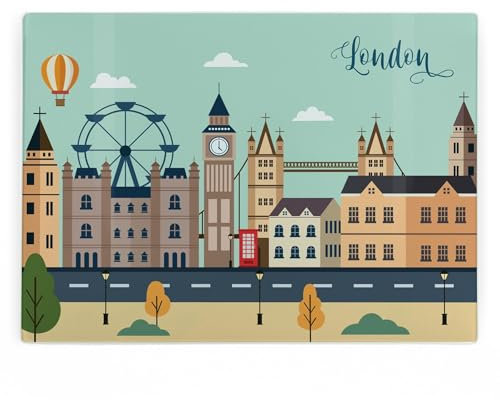 London - Protector de encimera rectangular grande de cristal, diseño de bloques, regalos de vacaciones de la ciudad británica, tabla de cortar y cortar suave con patas antideslizantes, 39 cm x 28,5 cm