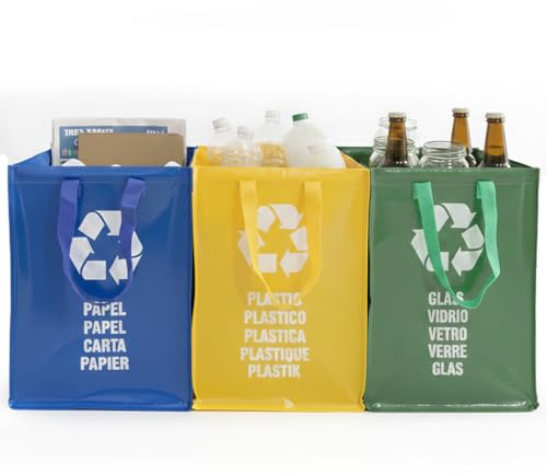 Space Home 3-Piece Recycling Box - Reusable Recycle Bags with Handles - 44L Capacity - Biodegradable Material - Waste Separation System