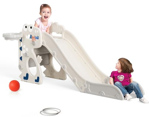 Scivolo per bambini, scivolo pieghevole 3 in 1, con canestro da basket, pallacanestro, lancio dell'anello, per età 18-36 mesi, scivolo extra lungo H650 x L330 x P1520mm (beige-grigio)
