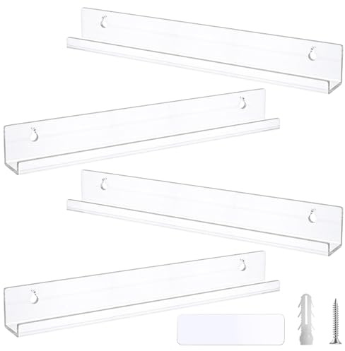 VEGCOO 4 Pack 15 Acrylic Shelves, Self-Adhesive Clear Acrylic Floating Shelf Vinyl Wall Mounted Shelf, Wall Display Ledge Shelves for Album Record, Kids Bookshelf, Picture, Samll Toys