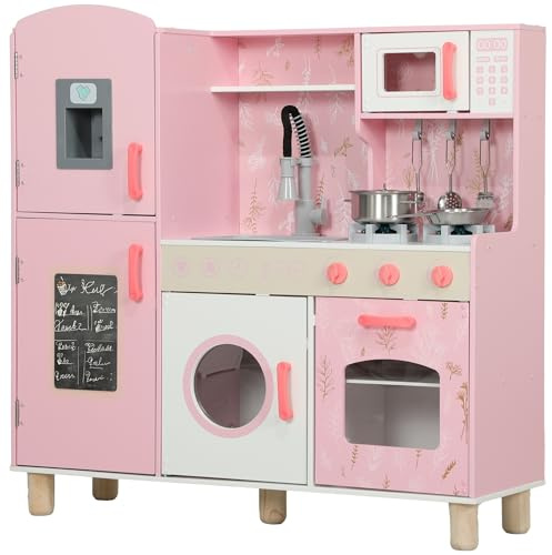AIYAPLAY Cucina giocattolo per bambini +3 anni Cucina in legno per bambini con fornello sonoro Forno Lavello Rubinetto Microonde Lavatrice Macchina del ghiaccio e accessori da cucina Rosa