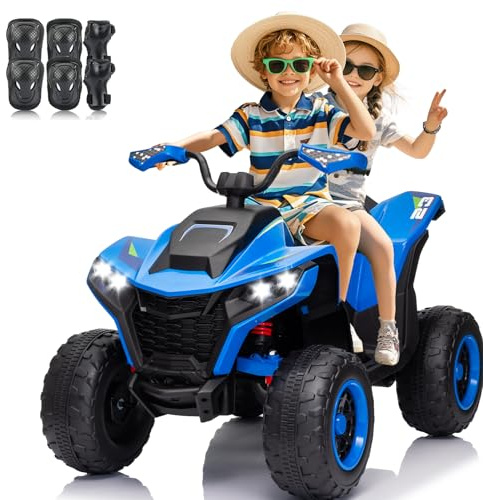 Kids ATV 4 Wheeler, 24V 2 Seater Electric ATV Quad w/4WD Motor, Protective Gear Set, Bluetooth, LED Lights, Spring Suspensions, Battery Powered Ride on Toys for Big Kids, Boys, Girls, Blue