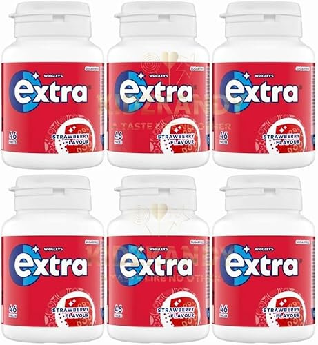 Xtra Strawberry Chewing Gum Bottle 46pcs x 6, Sugar-Free Fruity Snack for Fresh Breath Refreshment Tub