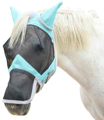 Horse Fly Mask with Ears and Long Nose Full Face, Fine Mesh Turquoise Cob