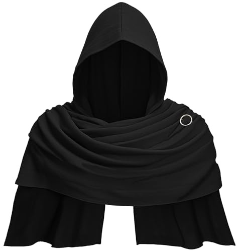 SYQBR Scialle post apocalittico con cappuccio, sciarpa medievale con cappuccio da uomo per costume retrò vichingo sciamano canaglia rinascimentale, nero, taglia unica