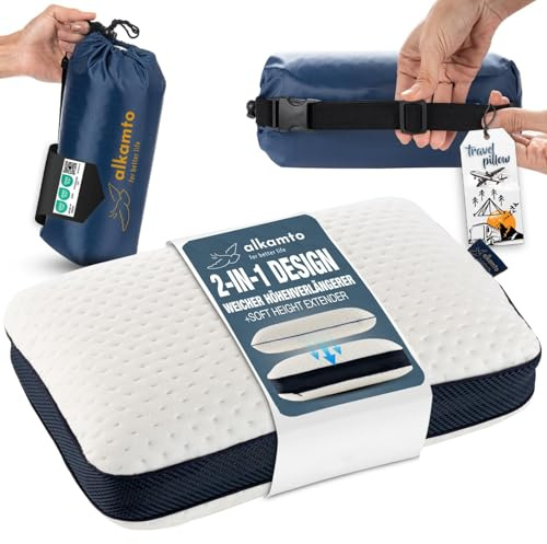 alkamto Cuscino da viaggio + cuscino cervicale extra da viaggio – Cuscino da campeggio – Cuscino ergonomico in memory foam con fodera regolabile – Borsa da viaggio (40 x 25 x 10 cm – Bianco)