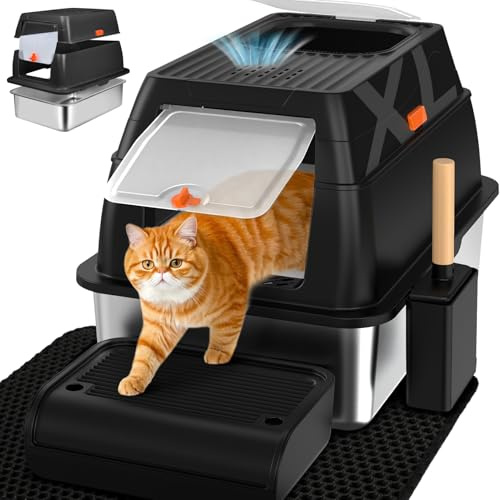SZEETECH Katzenklo Edelstahl XL, Groß Edelstahl Katzentoilette mit Deckel, Stainless Steel Cat Litter Box, Geschlossen Katzen Klo, Zwei Ausgänge, Schaufel+Matte+Trettstufe- 60x 40x 39,5cm(Schwarz)