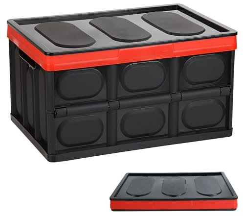 Xevinas Boîte pliante 42 x 28 x 23 cm - Panier à provisions pliable en plastique PP renforcé - Boîte en plastique solide avec couvercle - Facile à transporter - Boîte de rangement pour cuisine, salle