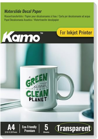 Kamo Film de Transfert d’Eau Transparent A4 pour Imprimantes Jet d’Encre – 20 Feuilles Décalcomanie pour Céramique, Verre, Tasses, Bougies, Plastique et Projets DIY