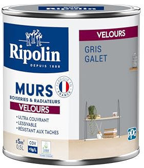 RIPOLIN - Peinture Intérieure Multi-Supports – Murs, Boiseries & Radiateurs – Ultra couvrante - Monocouche - Confort d'application - Aspect Velours - Gris Galet - 0,5L