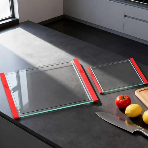 Tempered Glass Cutting Board Set for Kitchen Counter - Dishwasher Safe with Juice Grooves, Non-Slip Silicone Edges & Beveled Grip - 16x12 & 12x8 Serving Tray (Red-2PCS)