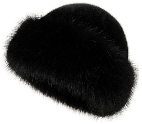 Gorro de invierno de piel sintética para mujeres, gorro peludo estilo ruso esponjoso y cálido, gorra de felpa acogedora para clima frío de moda, Negro, S-XL