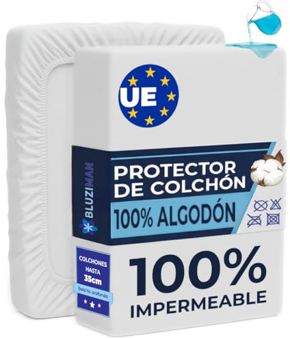 BLUZIMAN® Protector Colchon 90 Impermeable, 100% Algodón Fabricado en España, Altura hasta 35cm, Cubre Colchon Protector de Colchon Anti Acaros, Funda Colchon, Mattress Protector (Cama 90x190/200)
