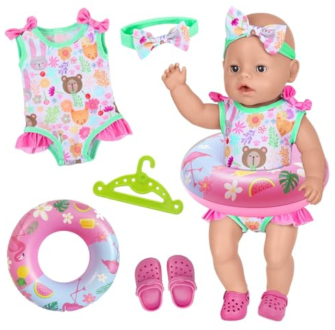 Lot de 5 maillots de bain pour bébé de 43 cm - Compatible avec poupée de natation pour nouveau-né de 35 à 45 cm - Vêtements de poupée imprimés colorés avec maillot de bain, anneau de natation, bandeau