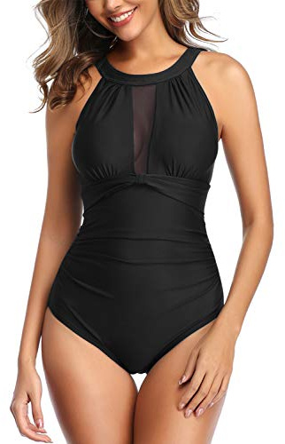 Joweechy Ruched Tummy Control Halterneck Swimsuit High Neck Mesh Swimwear Retro Vintage Swimming Costume for Women, Black-high Neck, L