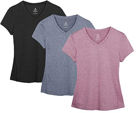 icyzone T-Shirts de Sport Femme à Manche Courtes Tops et Col en V Fitness Yoga Tee Shirt, Lot de 3 (M, Noire/Marine/Vieux Rose)