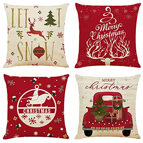 Deko Kissenbezug 40x40 4er Set Kissenbezüge Hirsch Weihnachten Leinen für Gartenlounge Couch Dekokissen Kuschelkissen Wohnzimmer Kissenhülle Garten Outdoor Kissen Sofakissen Couchkissen Zierkissen