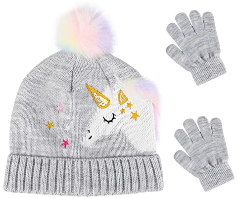 QKURT Stickad mössa för barn mössa, vintervarma mössor set termiska fodrade hatt vantar set enhörning mönster för 3 ~ 5 år gamla barn flickor, vintertillbehör set