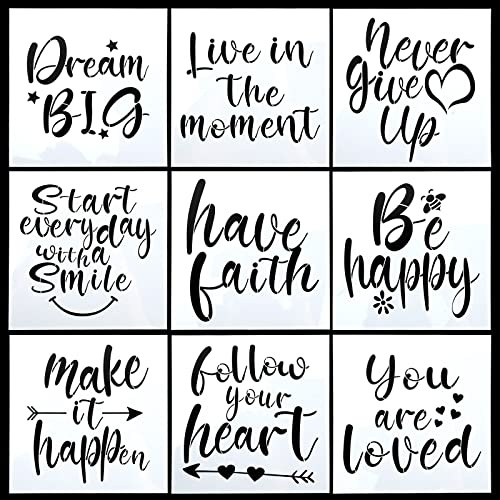 YapitHome 9 Pcs Letter Stencil 20 X 20 cm Motivational Drawing Painting Template for DIY Craft Spraying,Painting,Drawing,Wood,Wall Design