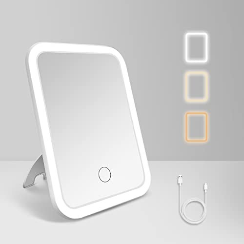 tekstap Touch Dimming Makeup Mirror, 3 Color Light Up Mirror, Portable Vanity Mirror for Travel/Dressing Table/Bedroom, Girls Gift (Square), White, (M007)
