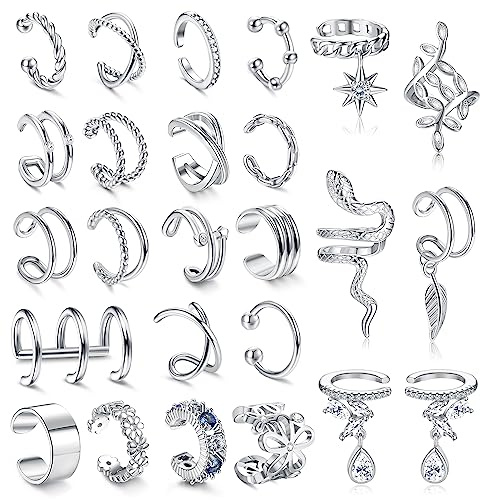 JeryWe 25 Pcs 14K Gold Plated Ear Cuffs for Women Non Piercing Adjustable Ear Cuff Fake Piercings Clip On Upper Ear Cartilage Earrings Helix Wrap Ear Cuff Jewelry Set Sliver