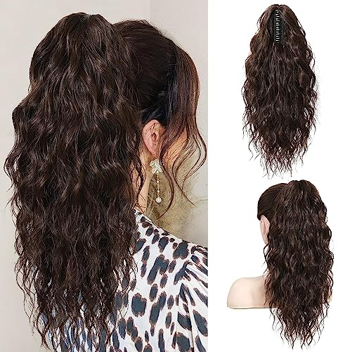 PORSMEER Pferdeschwanz Haarteil Ponytail Extensions dunkelbraun mit klammer 45cm Lange Gewellte Lockige Haarverlängerung Zopf Clip in Klaue Natürlich Kunsthaar Haarteil für Frauen,18zoll