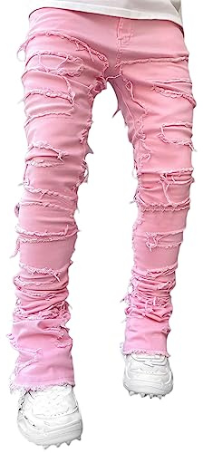 Pantaloni di Jeans da Uomo Gamba Dritta Strappato Pantaloni Uomo Elegante Casual Pantaloni Slim Fit Strappato Skinny Blu Pantaloni Hip Hop Moda Uomo Taglie Forti (Rosa, M)