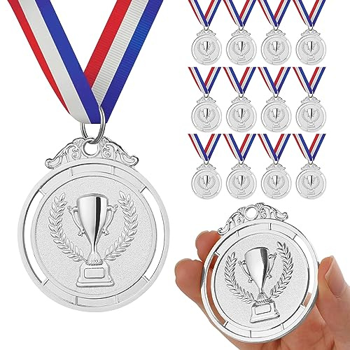 GeeRic 12pz Medaglie d'Argento Medaglie per Bambini/Studenti/Giocatore/Atleta Medaglie in Metallo con Nastro Collo Vincitore di Medaglie per Concorso/Sport/Festa Decorazione